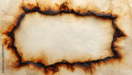 Aged paper texture background with a dark, burnt edge frame, creating a unique vintage border for old documents, retro designs, or creative text overlays