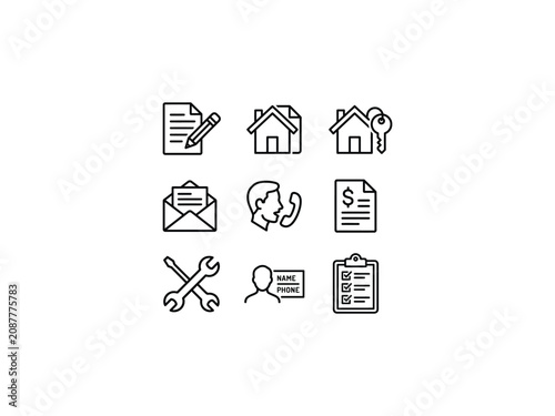 Set of real estate and business icons, including document, house, key, envelope, phone, invoice, tools, contact, and checklist