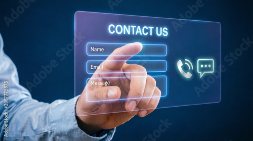 Hand touches glowing contact us hologram form with name email message and phone icons.