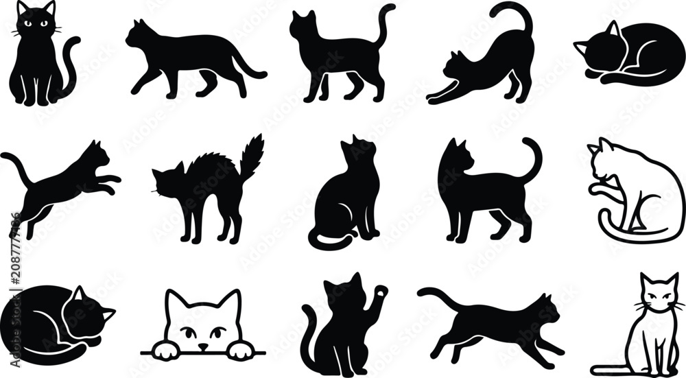 Obraz premium Black cat silhouettes collection diverse poses for graphic design projects