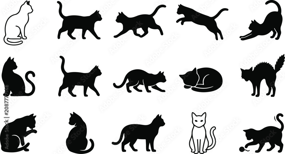 Obraz premium Collection of black cat silhouettes and outlines