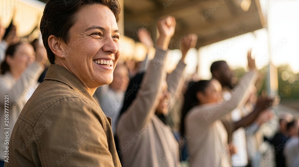 Fototapeta premium Excited Spectator Celebrating Victory at Packed Stadium
