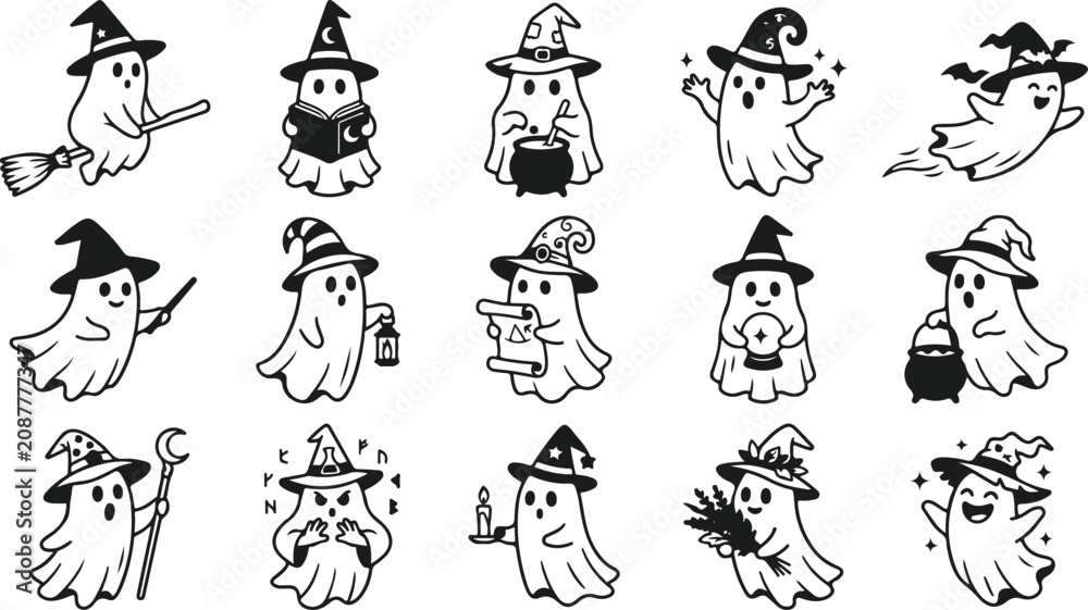 Obraz premium Collection of black and white ghost characters with witch hats and magical items