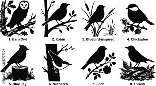 Fotografía Bird Silhouette Collection Featuring Barn Owl Robin Bluebird Chickadee Blue Jay