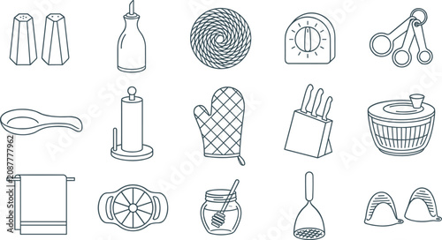 Bild auf Leinwand Kitchen Accessories Collection with Cooking Utensils, Salt and Pepper Shakers, K