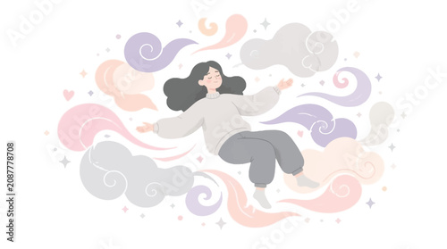 Schilderij op canvas Young Woman Floating Serene Among Soft Pastel Clouds and Stars, Dreamy Imaginati