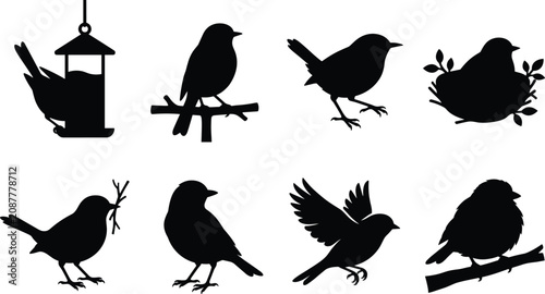 Foto Silhouette set of garden birds with nest feeder branch and flying bird isolated