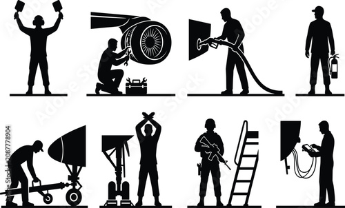 Canvastavla Vector silhouettes set of airport ground crew aviation mechanics maintenance tec