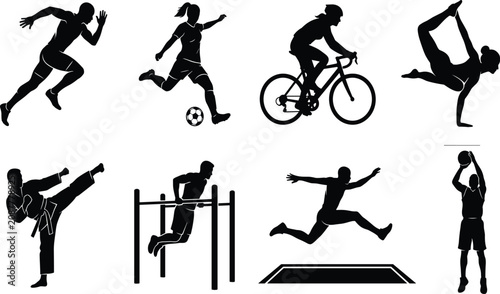 Vector silhouettes set of diverse athletes and people practicing different sports fitness activities and gymnastics