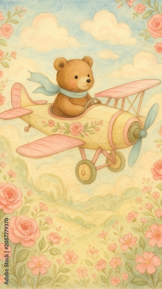 Obraz premium Cute bear flying plane mobile wallpaper