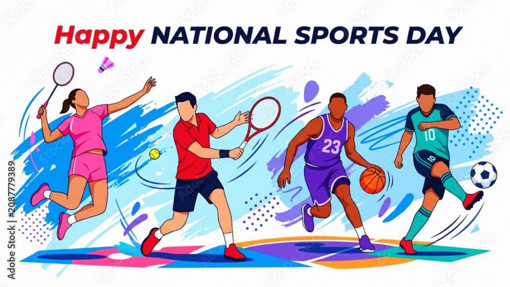 Obraz premium Happy National Sports Day banner with diverse athletes playing badminton tennis basketball and soccer in energetic artistic style for sports event and fitness celebration.