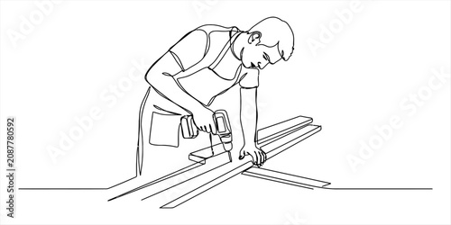 Continuous single line drawing of a carpenter using a drill on wooden boards for home renovation and construction projects