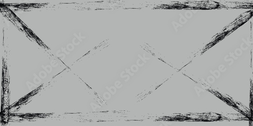 Abstract Grey Background with Distressed Black Frame and Geometric Grunge Cross Patterns