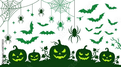 Halloween decorations with pumpkins spiders bats and cobwebs on white background