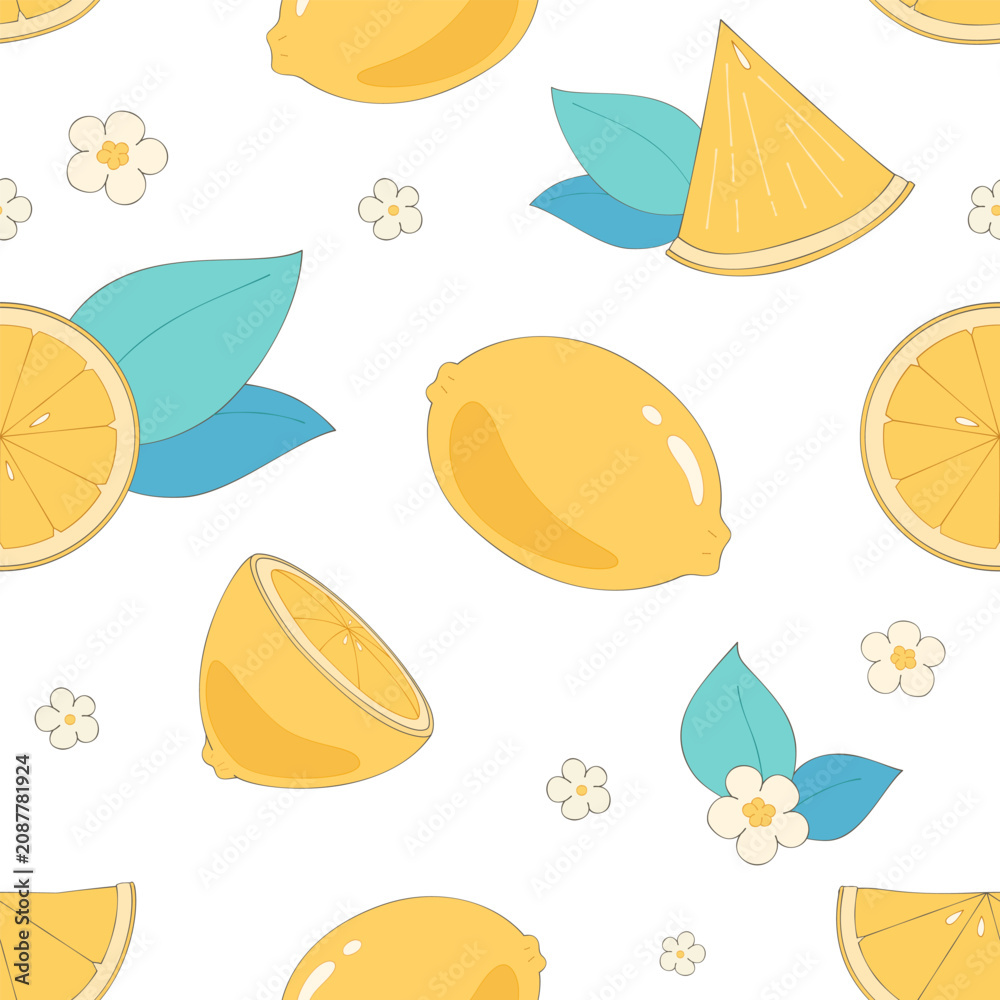 Obraz premium Adorable seamless fabric print featuring lemons and flowers – perfect for children and those who love cute designs.