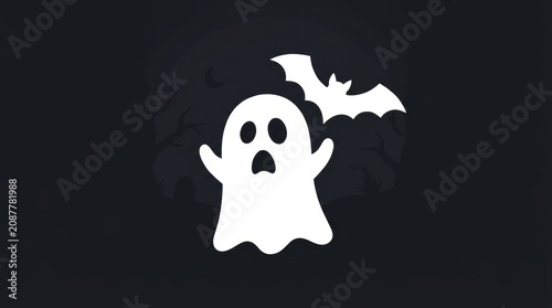 White ghost and bat on dark background for Halloween theme