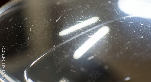 Close-up of a scratched and dusty glass surface reflecting light, showing wear and tear.