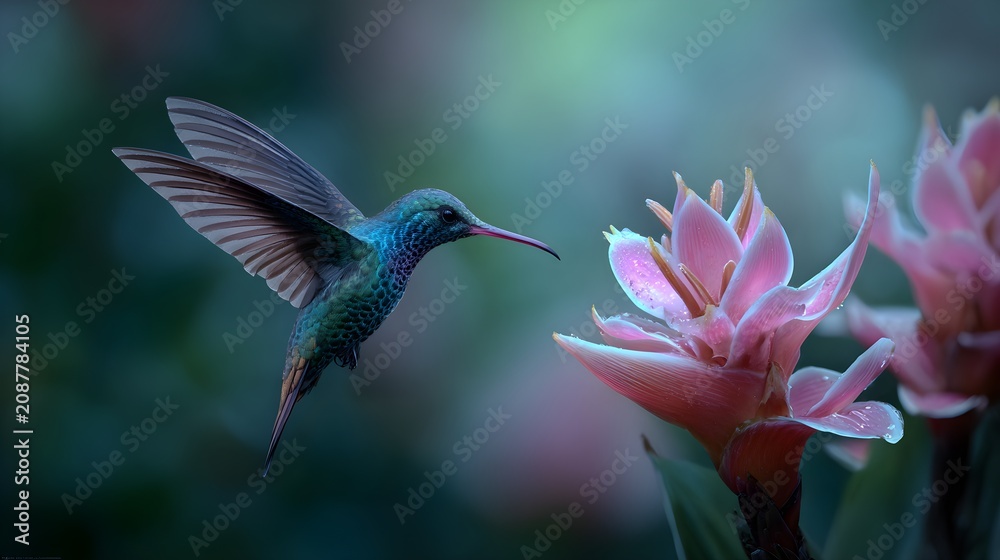 Fototapeta premium Hummingbird hovering near pink ginger flowers in flight with hummingbird mid air hovers near vibrant spread wide hovers wings spread wildlife