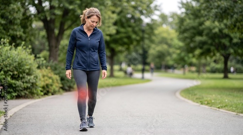 Woman Walking with Painful Knee During Outdoor Exercise Arthritis and Sports Injury Concept