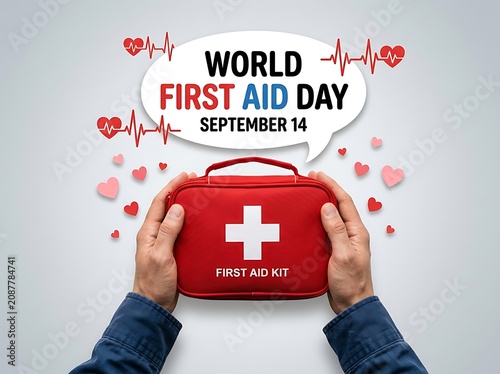 Hands holding a red first aid kit celebrating world first aid day on september fourteenth