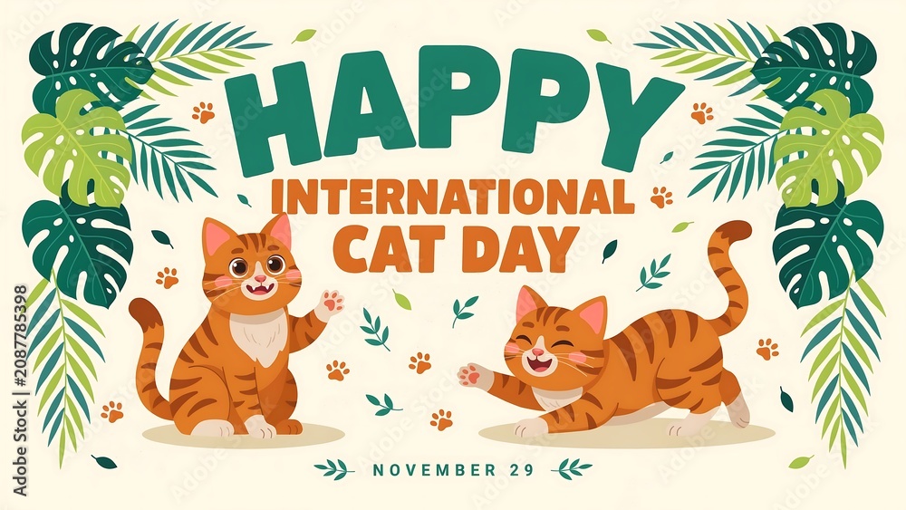 Fototapeta premium Happy International Cat Day poster with cute ginger cats