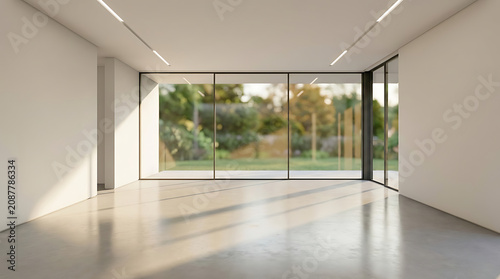 Luxury Minimalist Living Room Interior with Large Sectional Sofa, Flat Screen TV, and Floor-to-Ceiling Windows