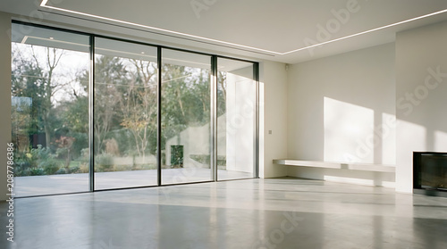 Luxury Minimalist Living Room Interior with Large Sectional Sofa, Flat Screen TV, and Floor-to-Ceiling Windows