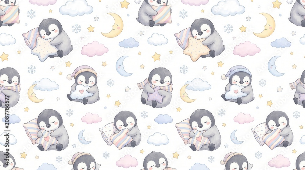 Obraz premium Baby penguins snooze, cuddling pillows and star cushions, surrounded by moons, stars, and clouds