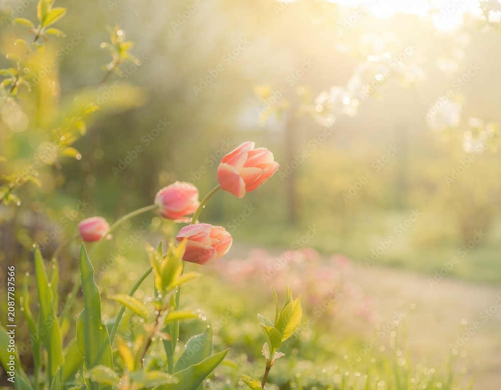 Obraz premium Beautiful pink tulips blooming in a sunlit garden during spring.