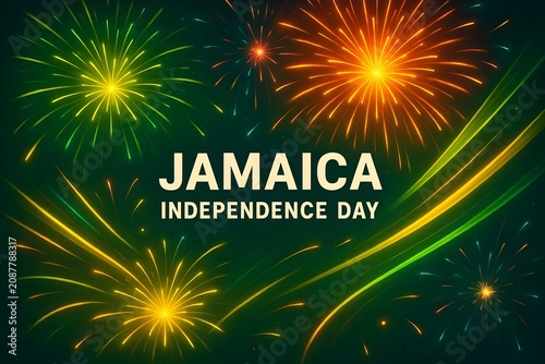 Dynamic Jamaica Independence Day background with radiant fireworks, glowing light streaks 