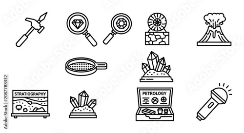Fotografie Geology archaeology and earth science line art icons.