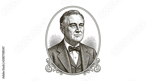 Foto Vintage engraving illustration of Franklin Delano Roosevelt in an oval frame