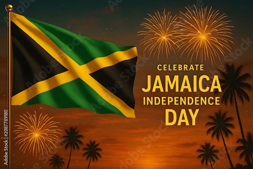 Festive Jamaica Independence Day background with the text Celebrate Jamaica Independence Day large waving Jamaican flag, golden fireworks, tropical sunset sky, palm tree silhouettes