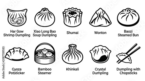 Foto Dumpling and Dim Sum Vector Icon Set Featuring Gyoza Baozi Wonton Shumai Khinkal