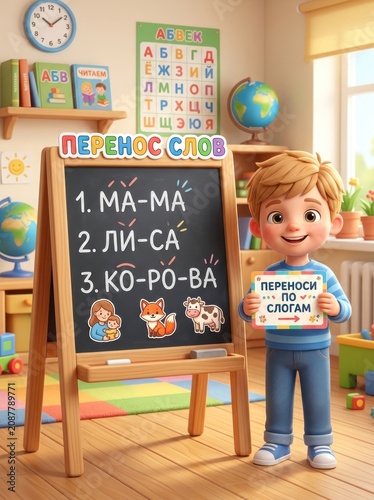 Colorful illustration of a young boy in a classroom holding a sign with syllables and a blackboard
