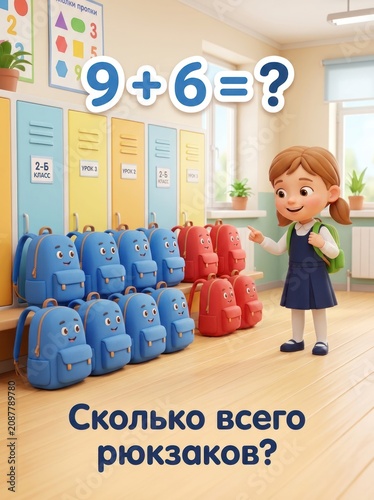 Illustration of a smiling girl in a classroom solving a math problem with colorful backpacks nearby