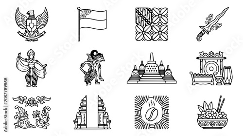 Fotografía Indonesia cultural symbols icons set: batik, dancer, kris, flag, garuda, wayang,