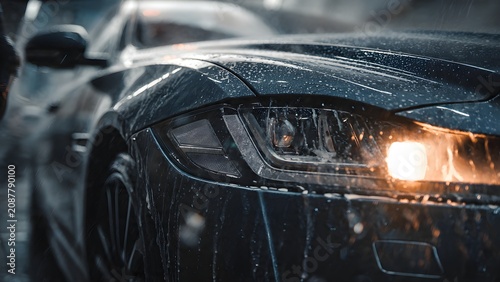 Close-up of luxury sports car getting washed at night, water droplets and soap foam on black paint with glowing headlight, professional auto detailing