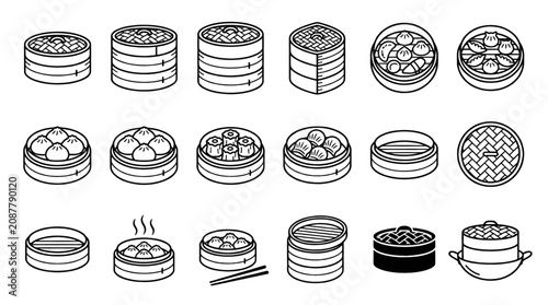 Foto Bamboo Steamer Vector Icon Set Featuring Traditional Asian Dim Sum Cooking Baske
