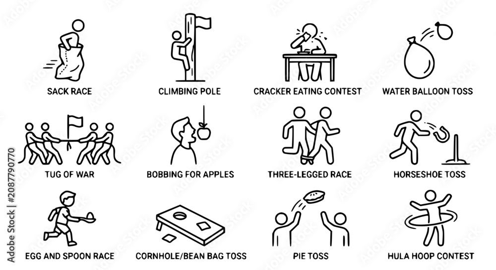 Fototapeta premium Outdoor Summer Games Collection: Sack Race, Tug of War, Cornhole, Hula Hoop