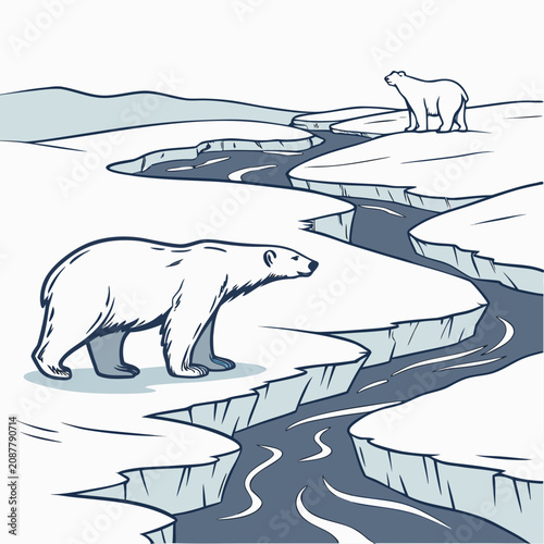 Bild auf Leinwand Two polar bears on separate ice floes separated by a narrow channel of water in