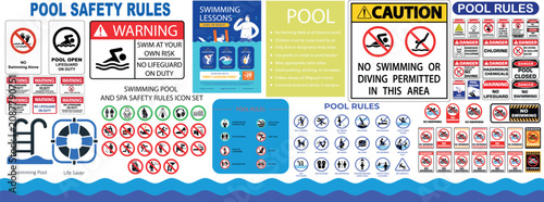 Foto Swimming Pool Safety Icons Collection with Rules, Warning Labels, Mandatory, Pro