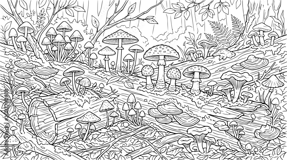 Fototapeta premium Mushroom Forest Floor Coloring Page Line Art Illustration