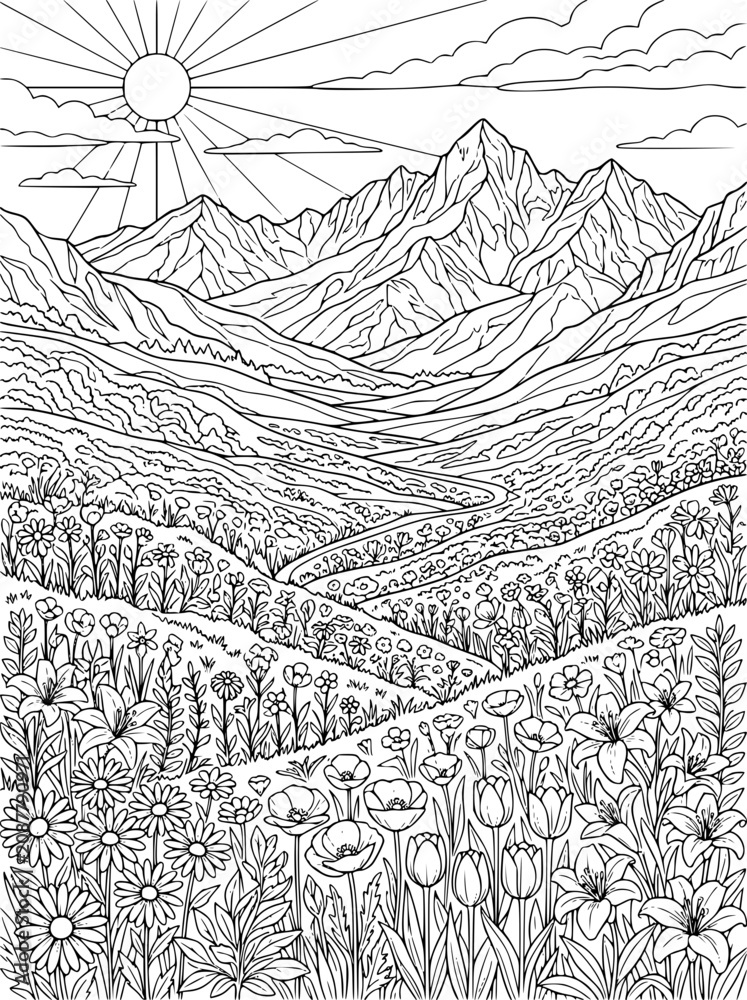 Fototapeta premium Mountain landscape coloring page with wildflowers and sunny sky