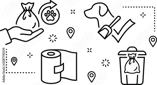 Fotografía Dog waste cleanup line icon set with pet poop bag scoop paper towel and trash bi