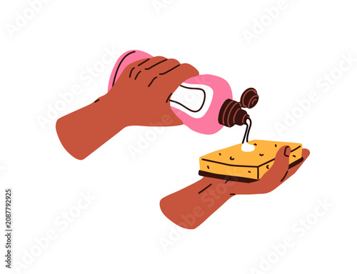 Hands squeezing, dripping dish soap onto sponge. Holding detergent bottle for...