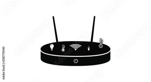 Obraz na plátně Wireless router with icons and radiating waves black silhouette signal network