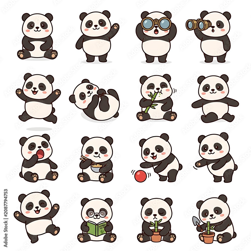 Naklejka premium sixteen cute cartoon panda bear illustrations showing various activities arranged in a grid layout