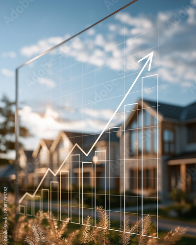 Real Estate Growth Chart: A superimposed line graph with an upward trend showcases the rising value of real estate in a residential neighborhood, highlighting property investment potential.