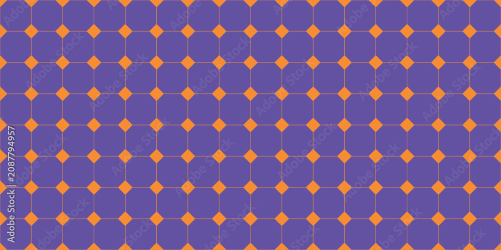 Fototapeta premium Seamless geometric pattern with rounded octagon shapes and orange diamond connections forming playful modern background for fabric wallpaper packaging stationery and creative surface design